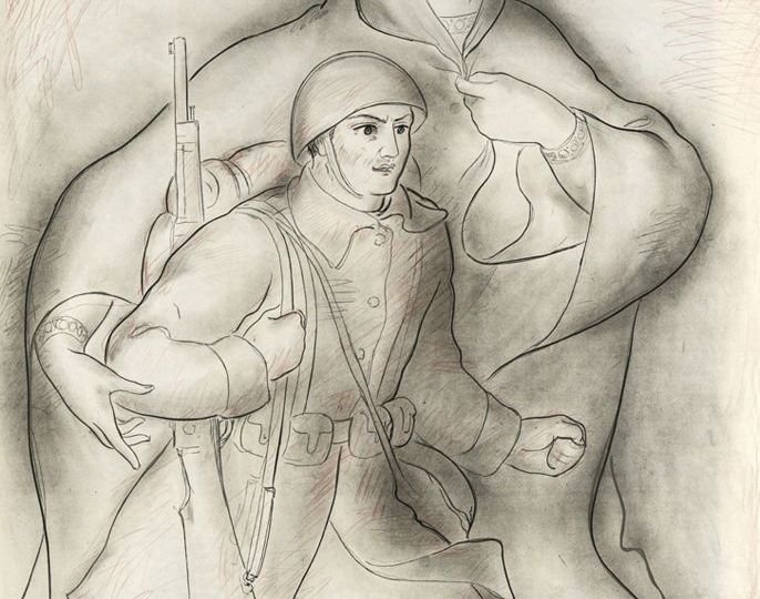 ΓΟΥΝΑΡΟΠΟΥΛΟΣ, Γ.,Νίκη - Λευτεριά, Η Παναγιά μαζί του, δίχρωμη λιθόγραφη αφίσα [1940], 1000 x 690 mm. Τιμή εκτίμησης €1.000-1.500